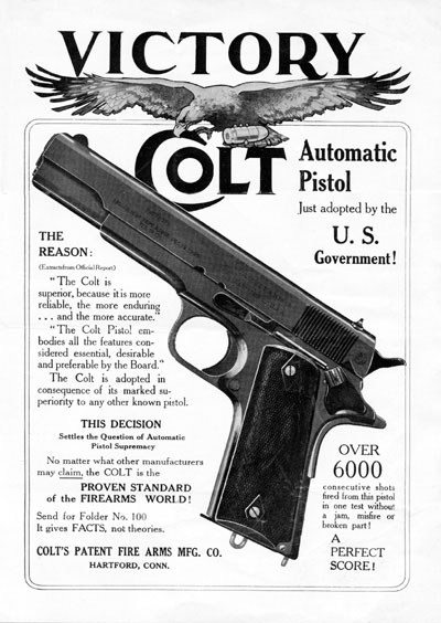 Colt's handbill bragging on the selection of the M1911